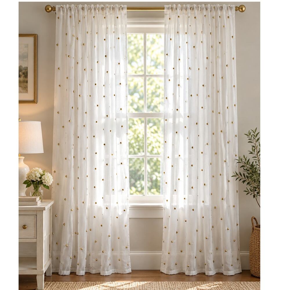 Sheer White Curtain Panels Pair Brass Beads Raised Studs 37x80 Window Curtains